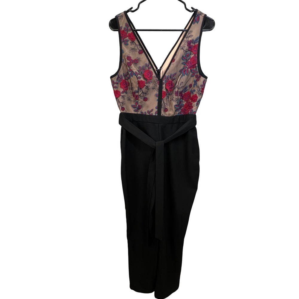 Harlyn Floral Embroidered Mesh V-Neck Jumpsuit Size M Tie Waist Evening Cocktail